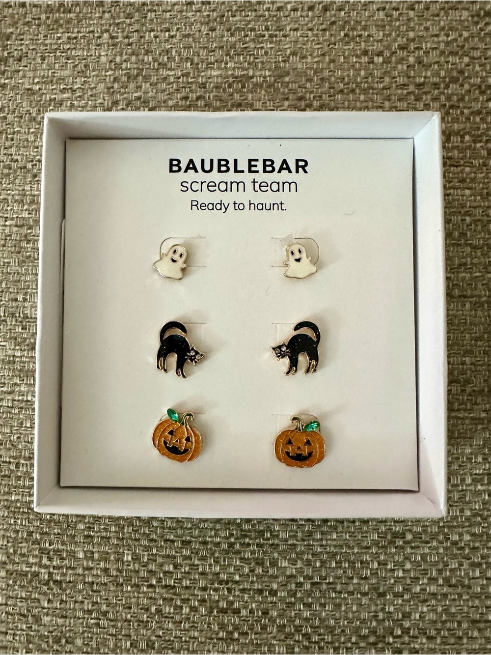 BaubleBar Halloween Earring Set of 3 pairs Ghost Cat Pumpkin NIB - Picture 4 of 7